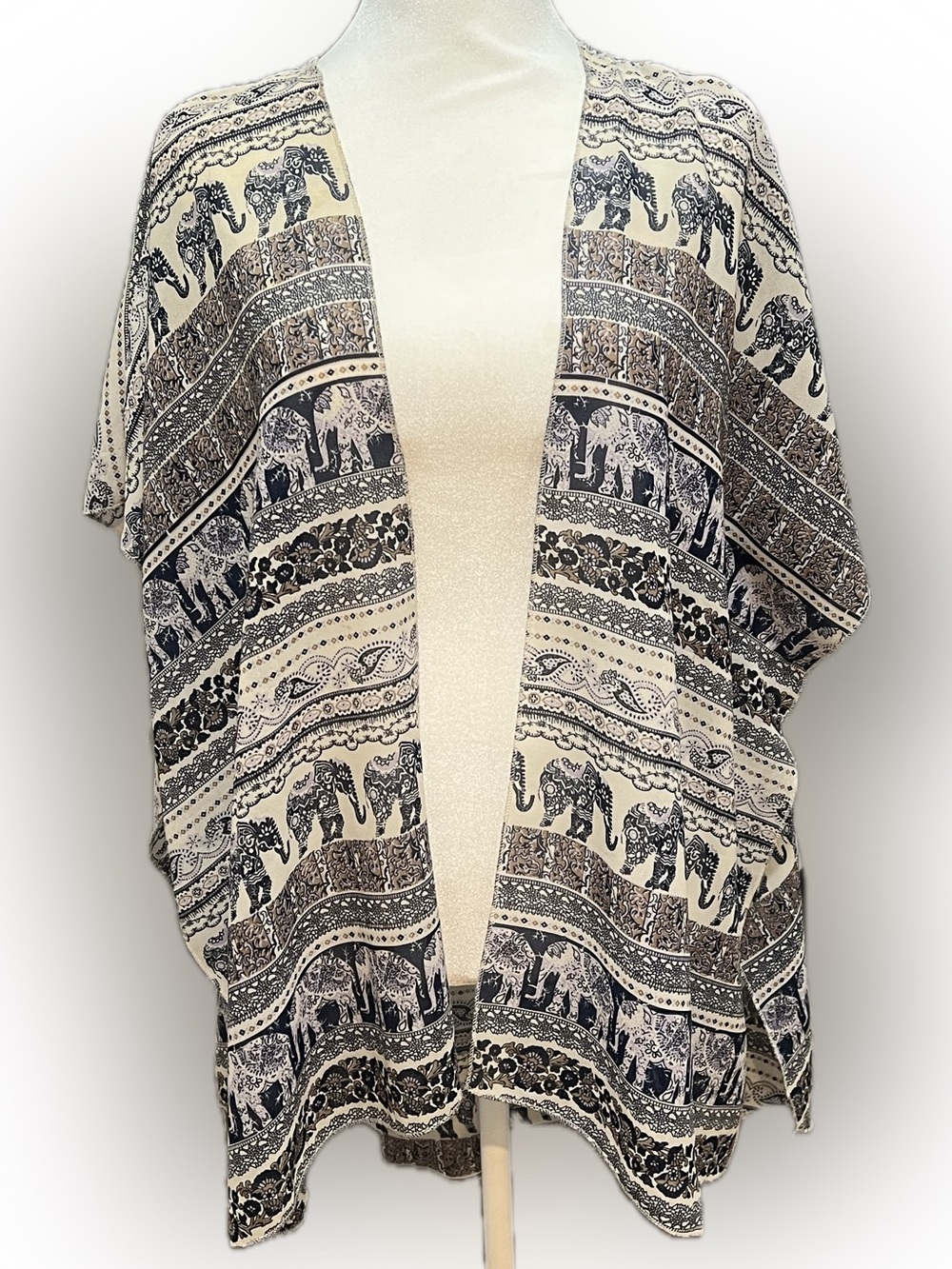 Live 4 Truth Cream and Black Elephant Print Open-Front Kimono